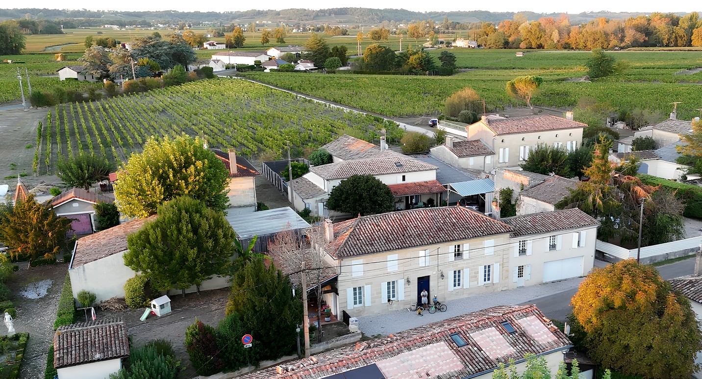 Vue aérienne de la maison de L’Hibiscus et de ses alentours à Vignonet